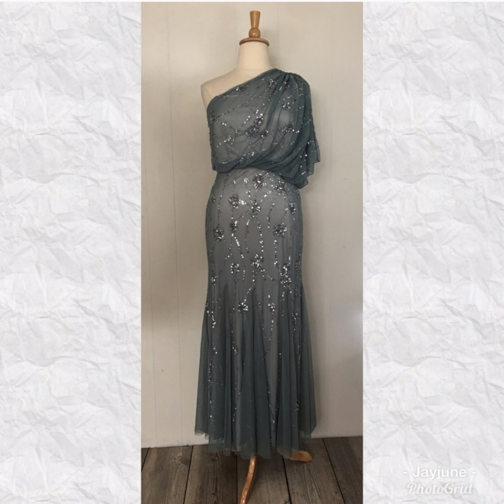 Adrianna Papell Sequin One Shoulder Draped Maxi